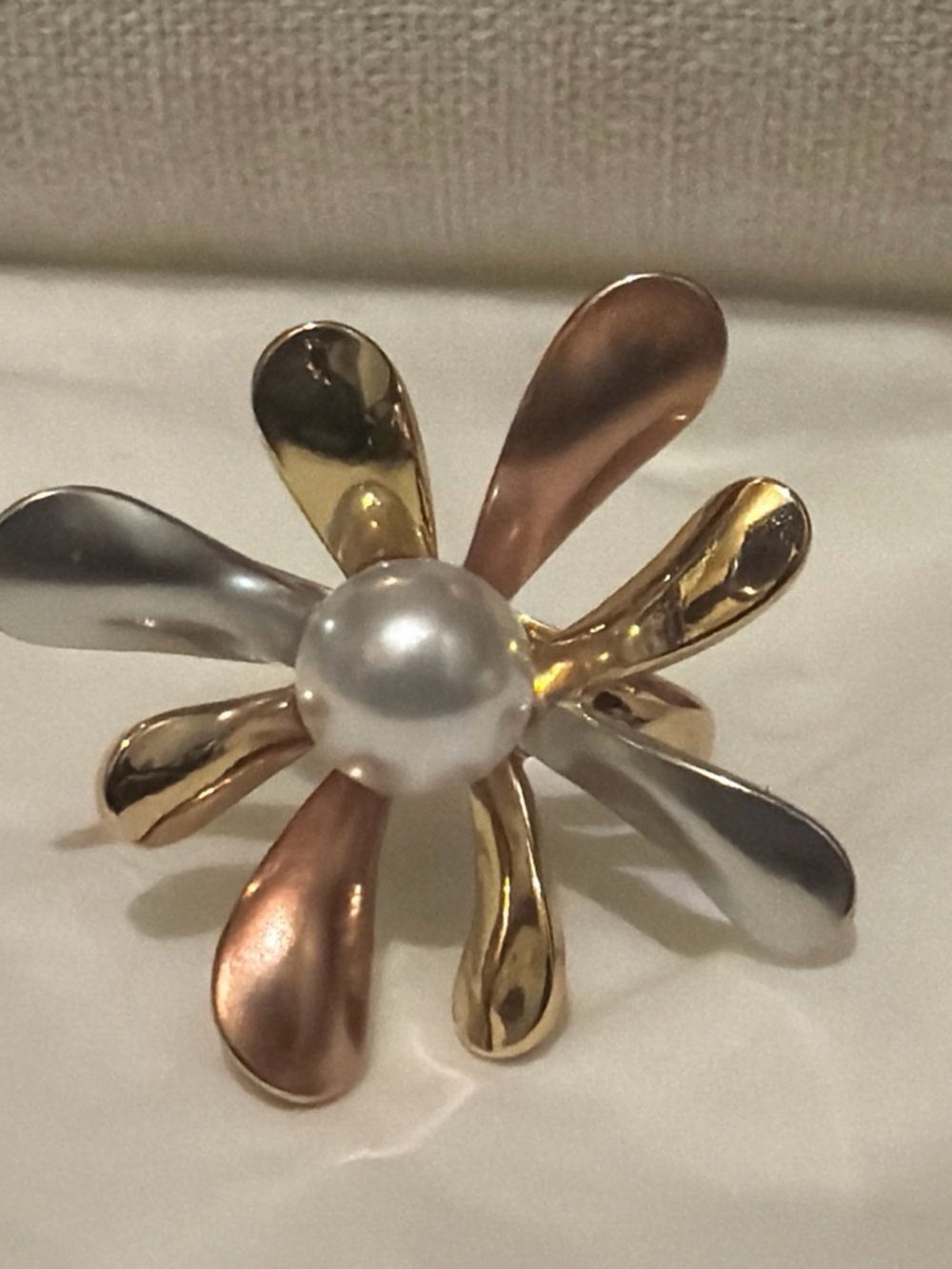Multi-Tone Petal Flower Pearl Ring - Gold, Silver & Rose